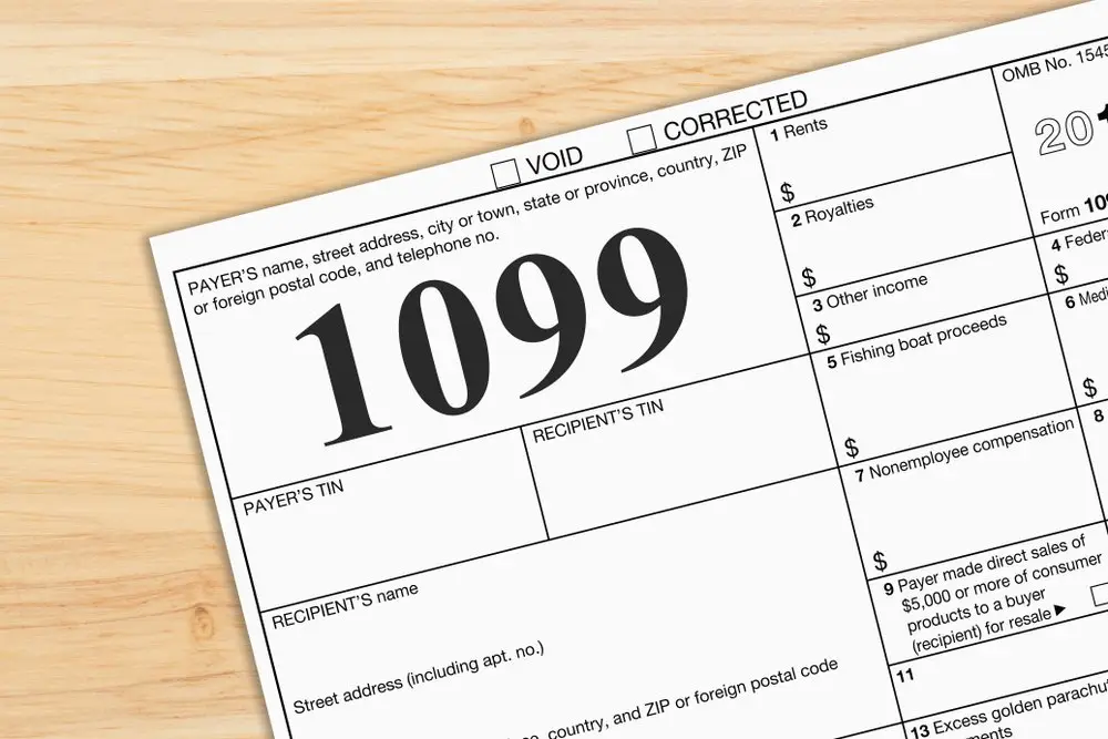 Blank 1099 Tax Form on top of on a wooden table