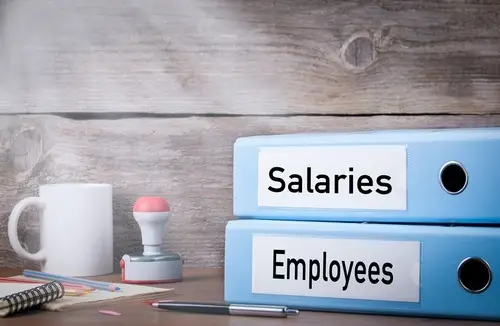 Two blue binders labeled "Salaries" and "employees" in a desk with a coffee mug, a stamp, a pen, and a spiral notebook