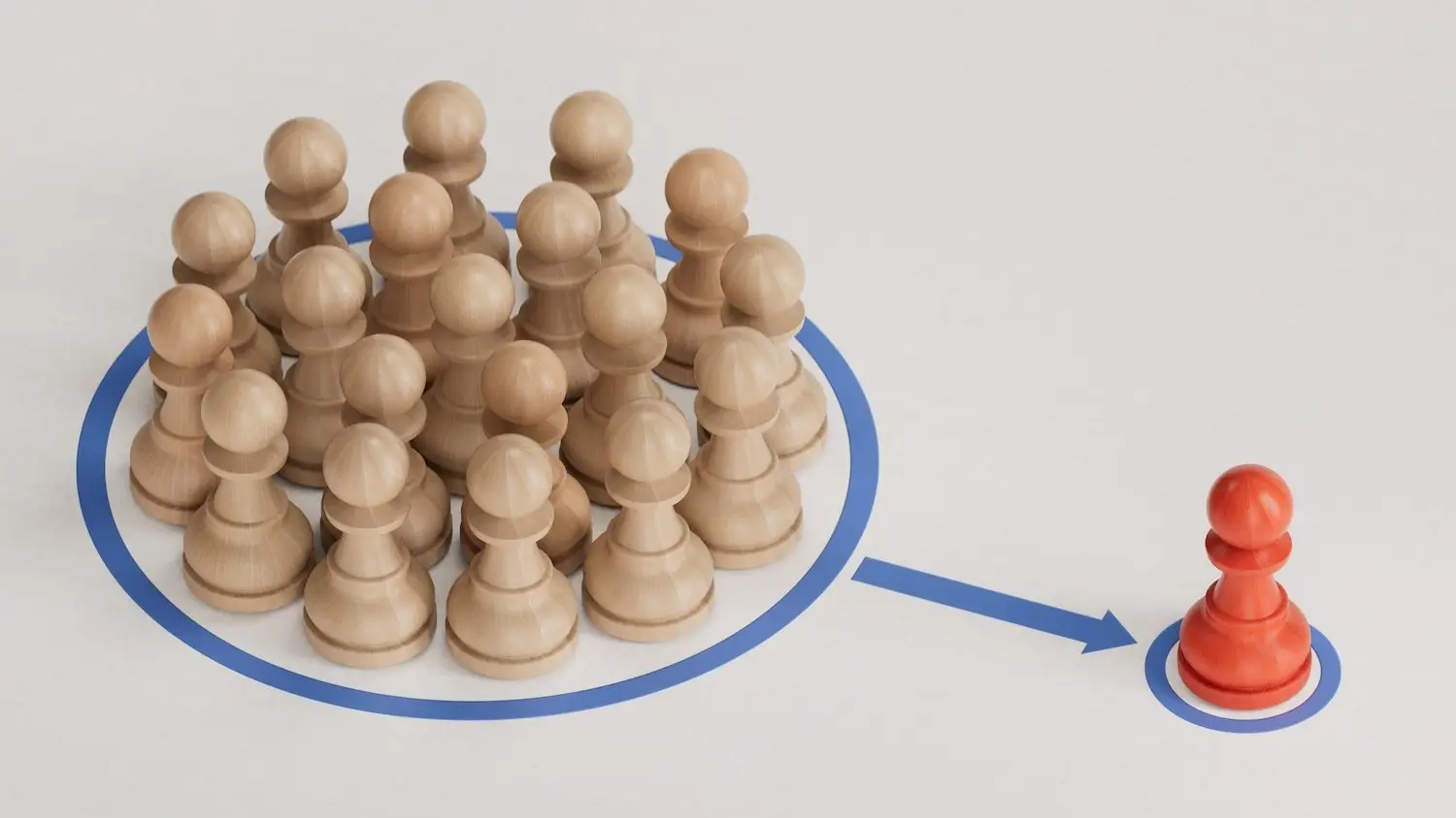 Several pawns in a circle pointing to one pawn, symbolizing how class actions work