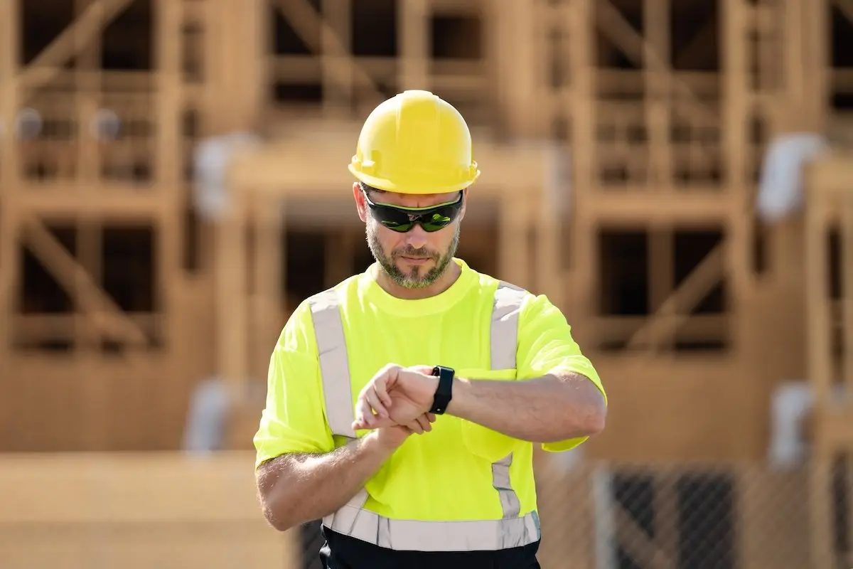 Construction worker on a worksite checking his watch