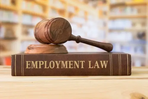 Brown leather law book with "Employment Law" on the spine on a wooden desk, and a judge's gavel resting on the book