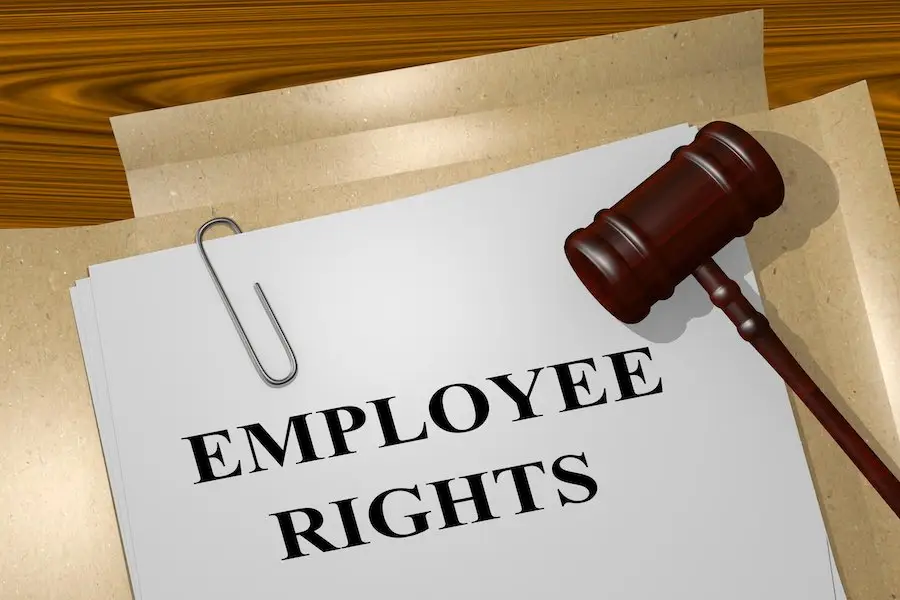 Wooden judge's gavel lying next to paper that says "Employee Rights", which is on top of a manila envelope on a wooden table