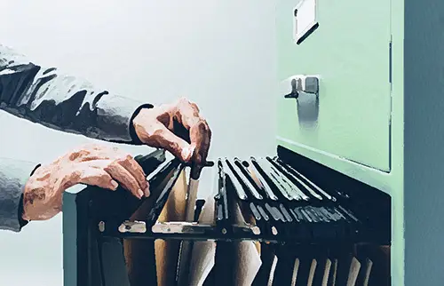 closeup of man's hand rifling through files in an open filing cabinet drawer