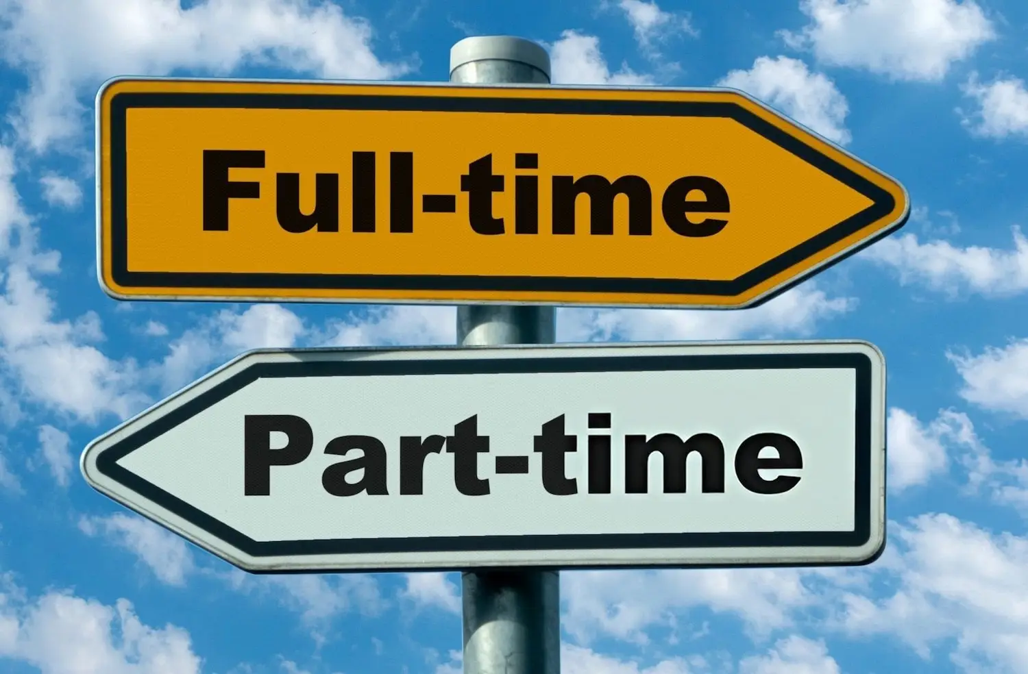 Signs that say "full-time" and "part-time" pointing in opposite directions