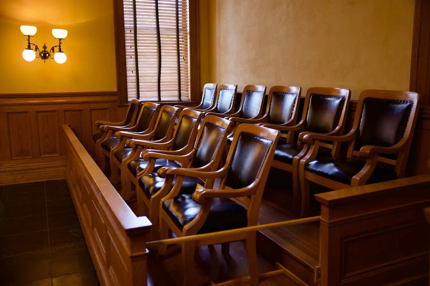 Jury box in a courtroom before the jurors file in