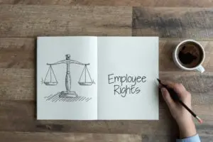 Bird's-eye view of a hand writing in a notebook, which shows a sketch of the scales of justice and the words "Employee Rights." The notebook is on a wooden desk, which also holds a full cup of coffee. 