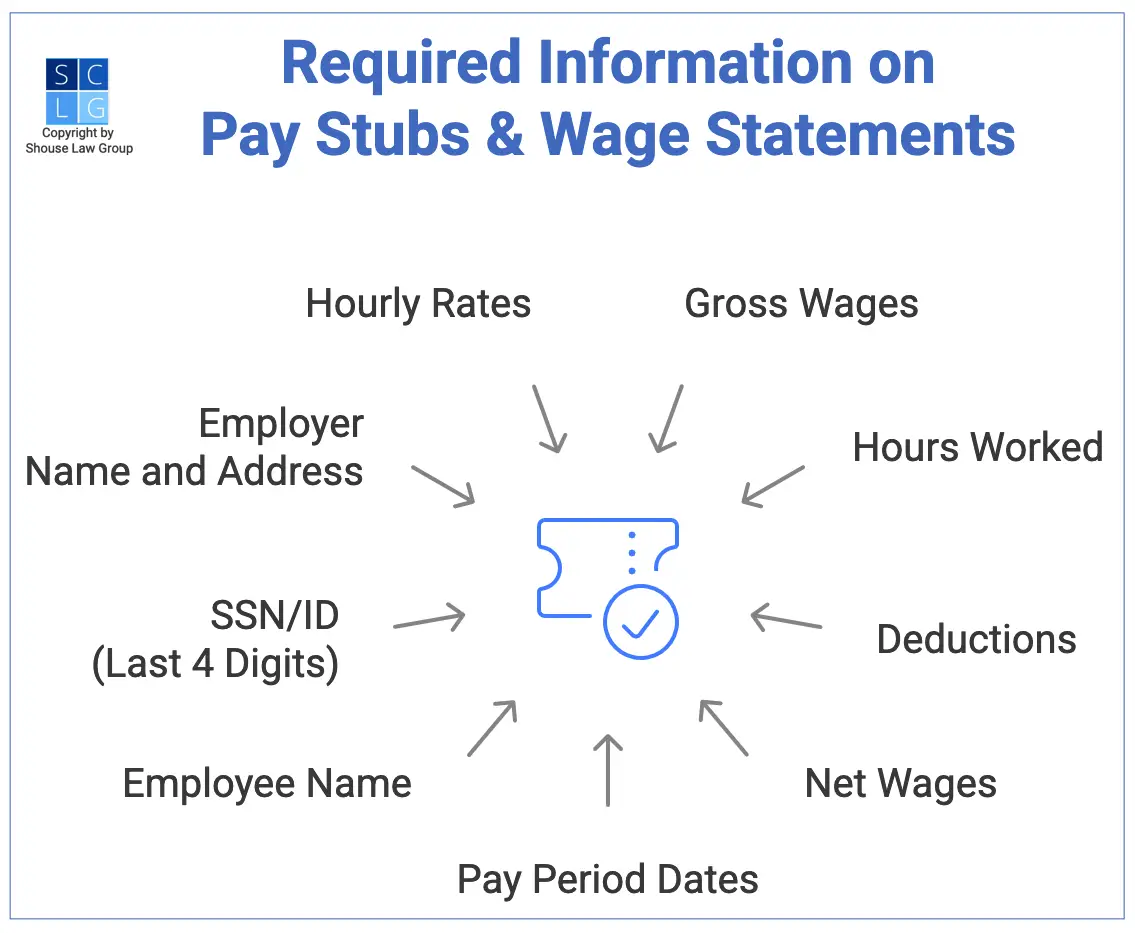 graphic that shows required components of California pay stubs or wage statements, such as net wages and gross earnings